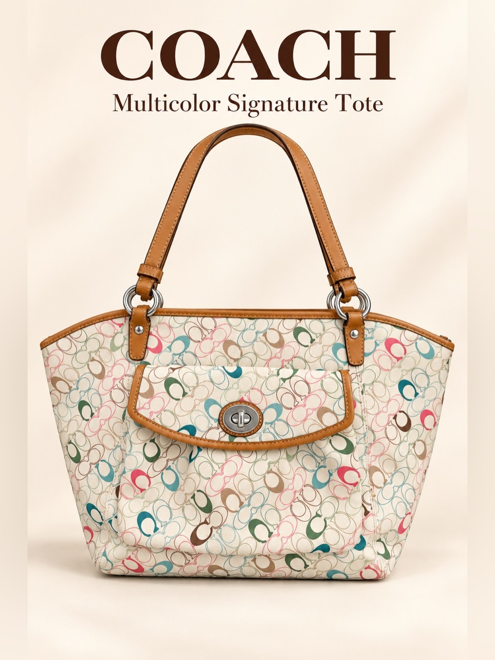 Coach Chelsea Multicolor Signature Canvas Tote with Tan Leather Trim